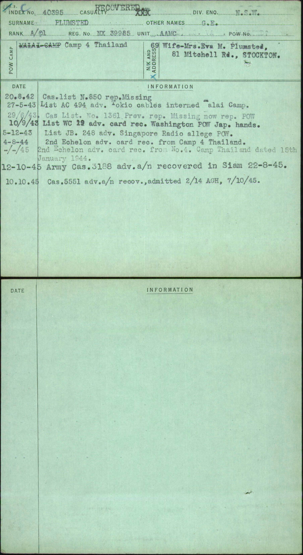 Plumsted, G E, NX39985