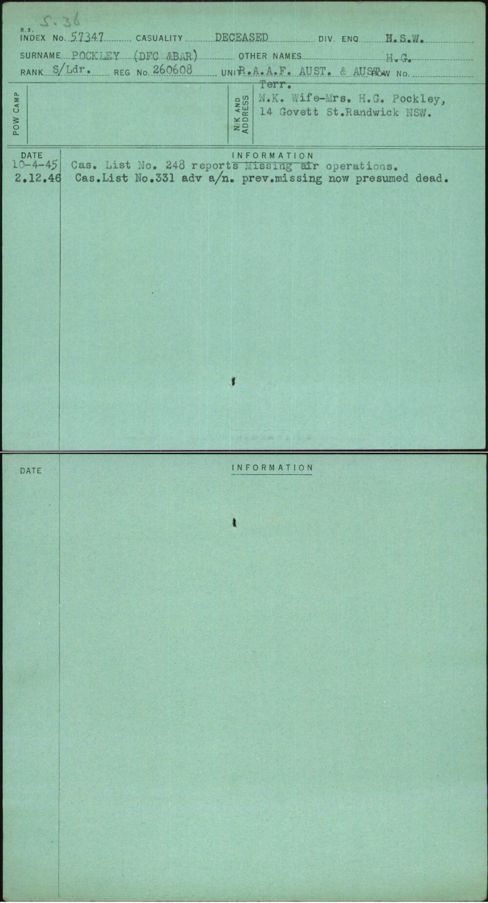 Pockley (Dfc &amp; Bar), H G, 260608