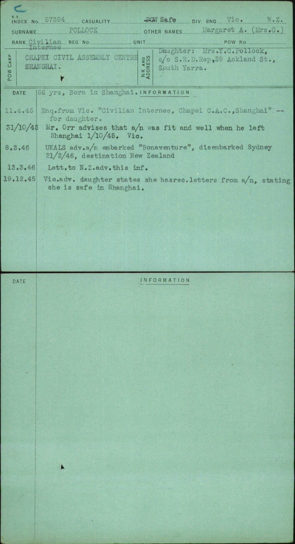 Pollock, Margaret A (Mrs G), [No Service Number]