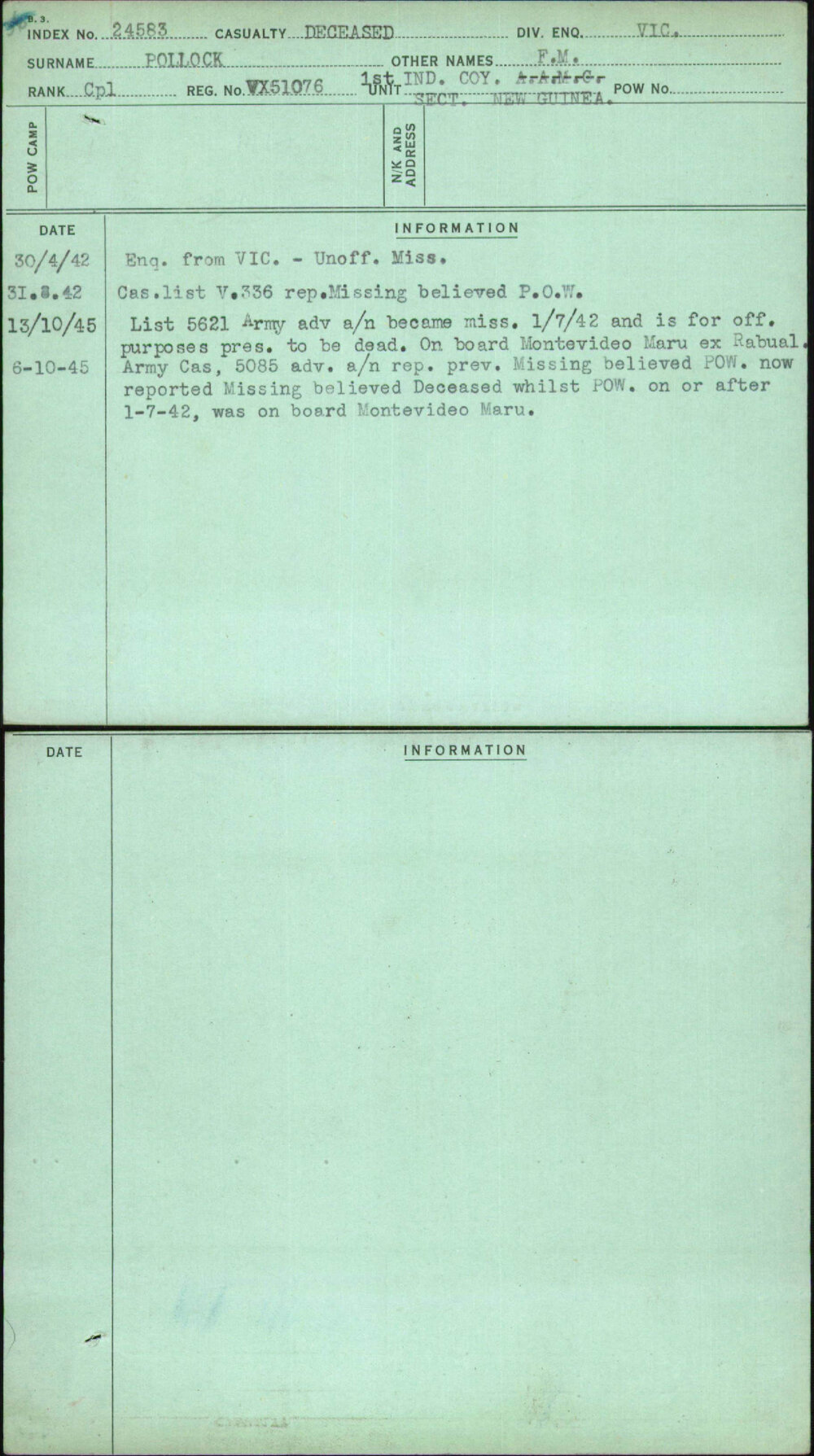 Pollock, F M, VX51076