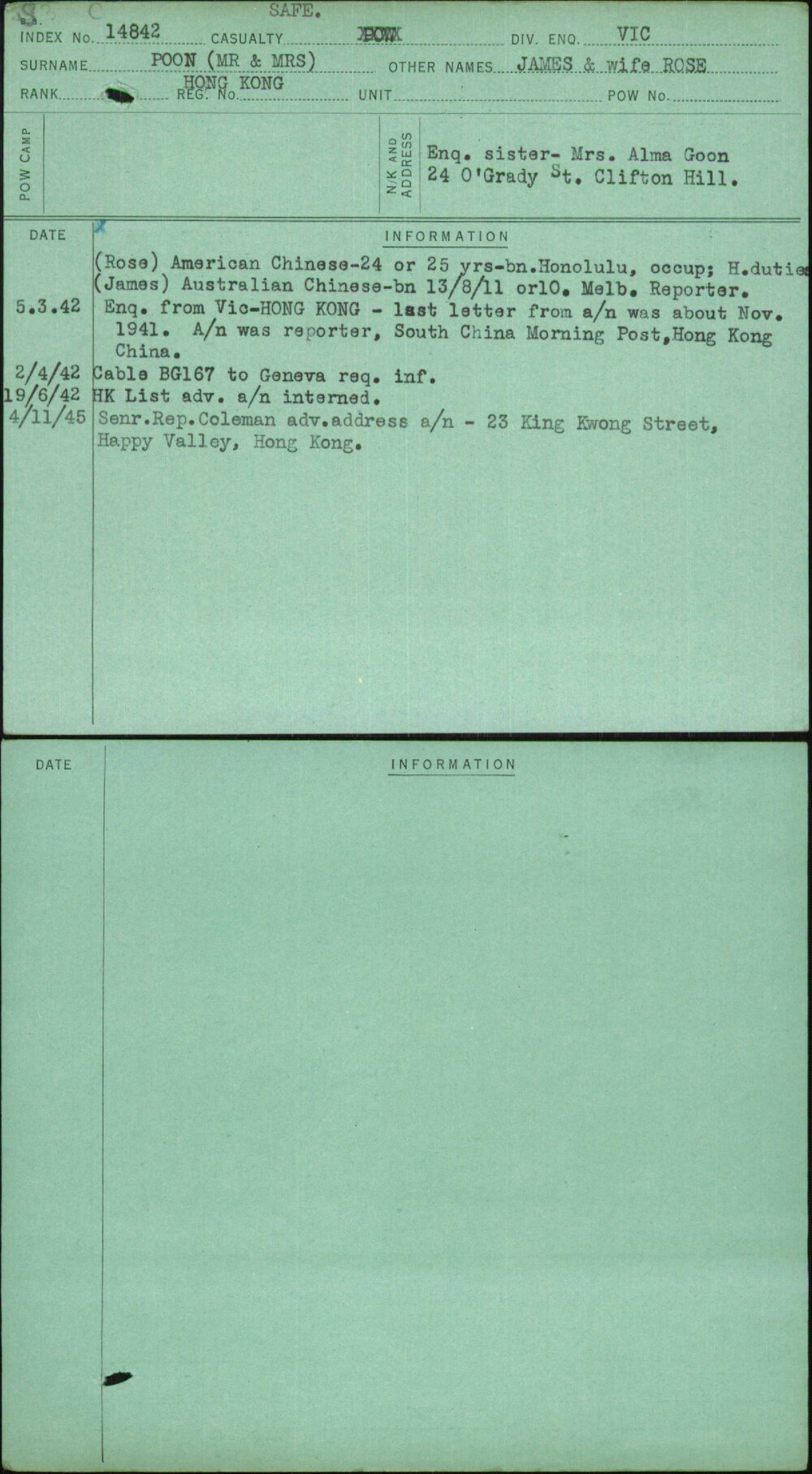 Poon (Mr &amp; Mrs), James &amp; Wife Rose, Hong Kong