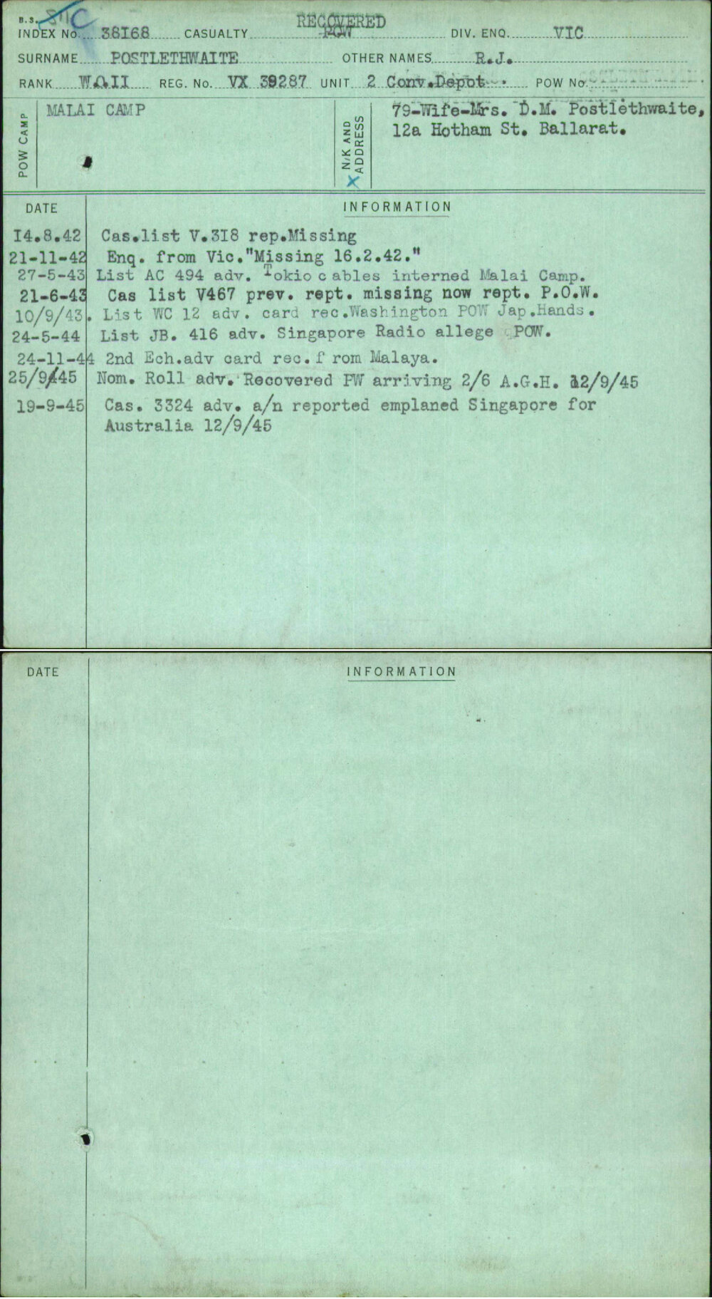 Postlethwaite, R J, VX39287