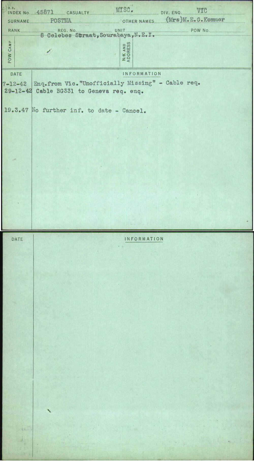 Postma, (Mrs) M E G Kommer, [No Service Number]