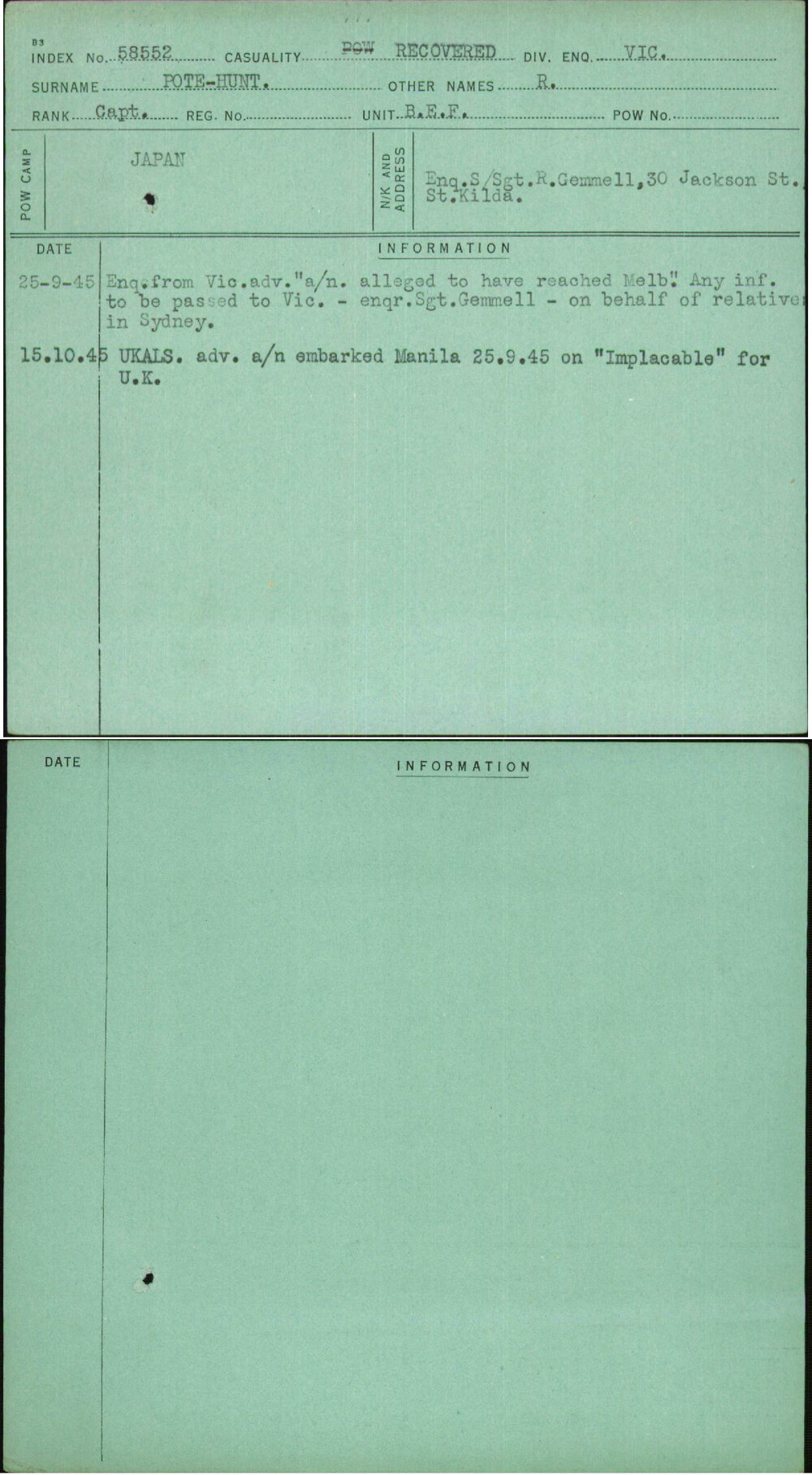 Pote-Hunt, R, [No Service Number]