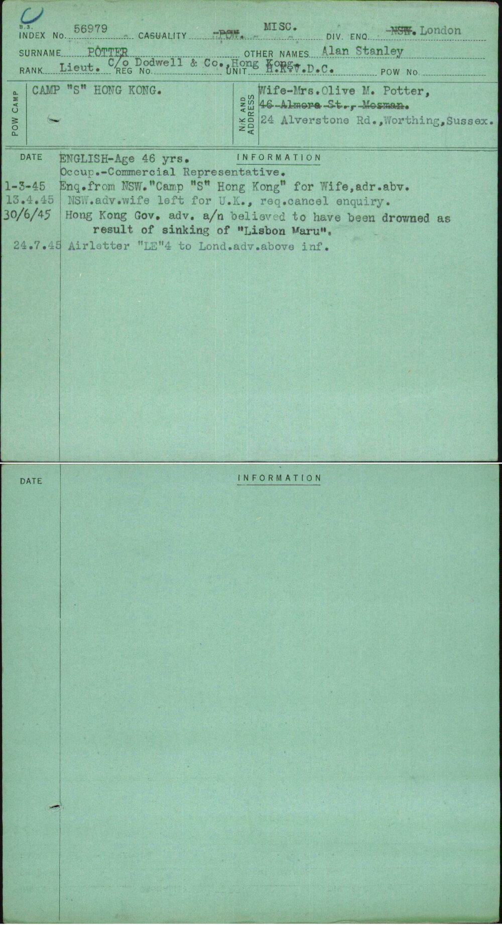 Potter, Alan Stanley, [No Service Number]