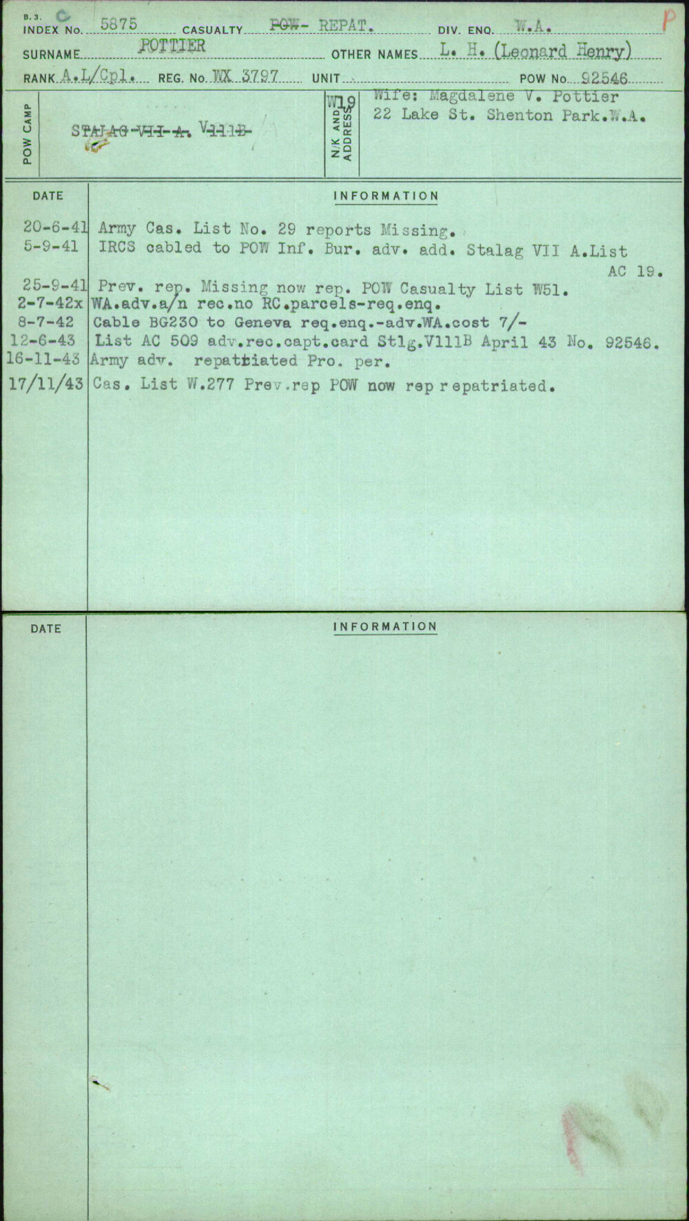 Pottier, L H (Leonard Henry), WX3797