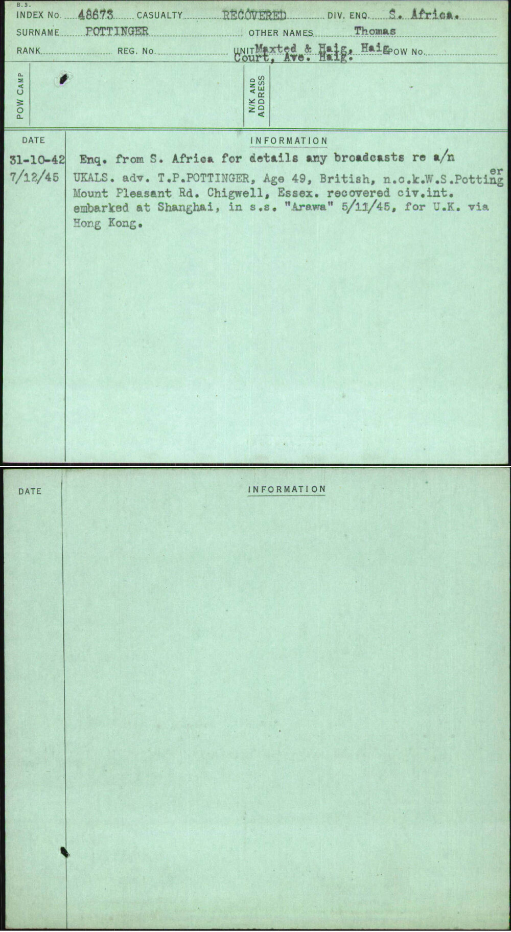 Pottinger, Thomas, [No Service Number]