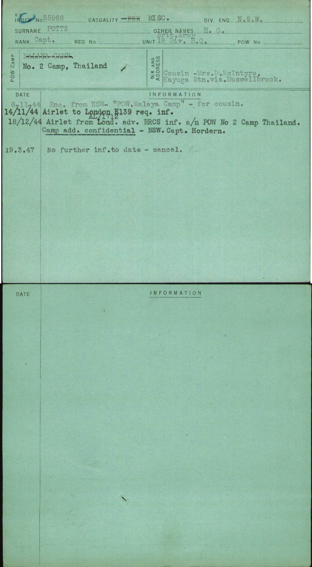 Potts, H G, [No Service Number]