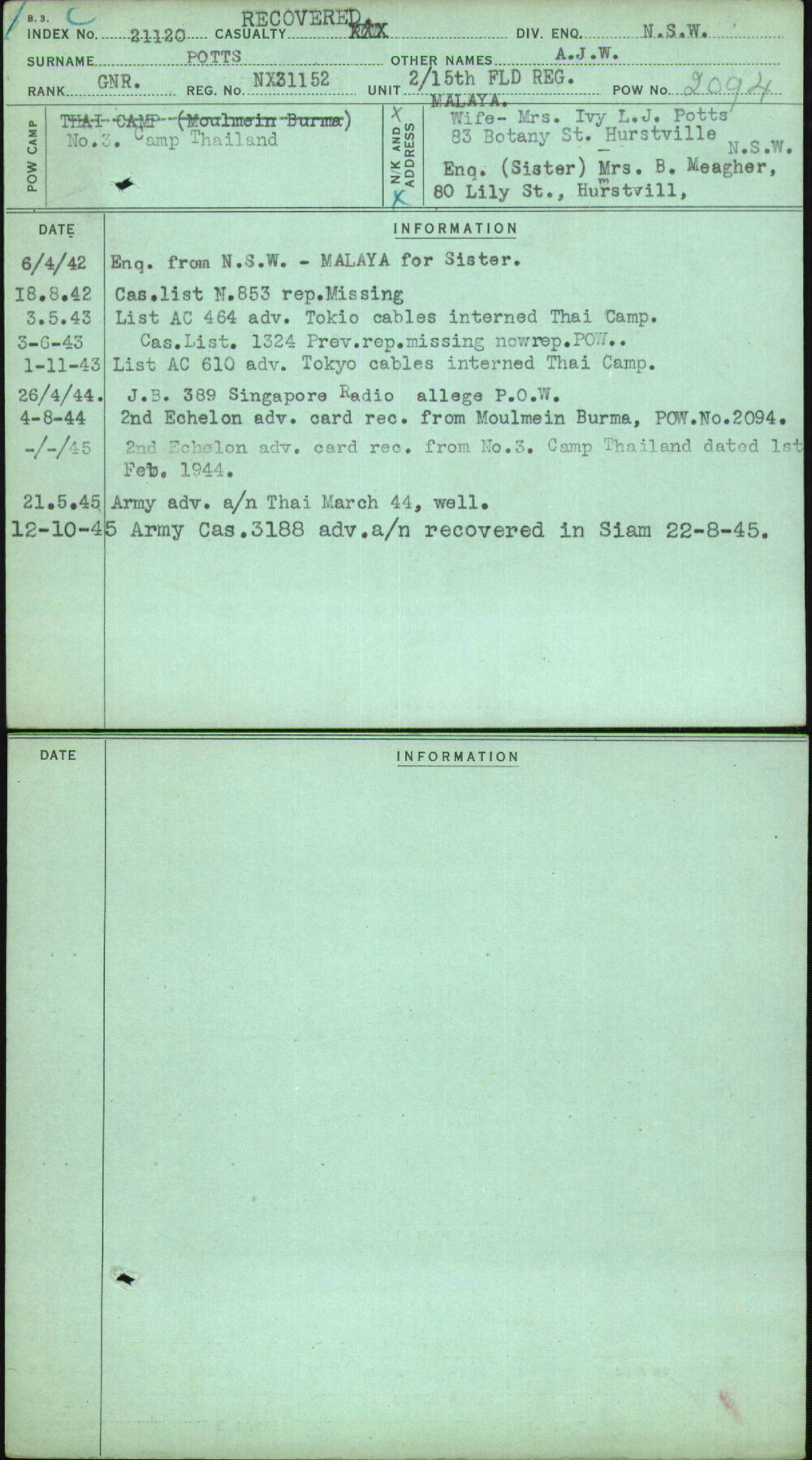 Potts, A J W, NX31152