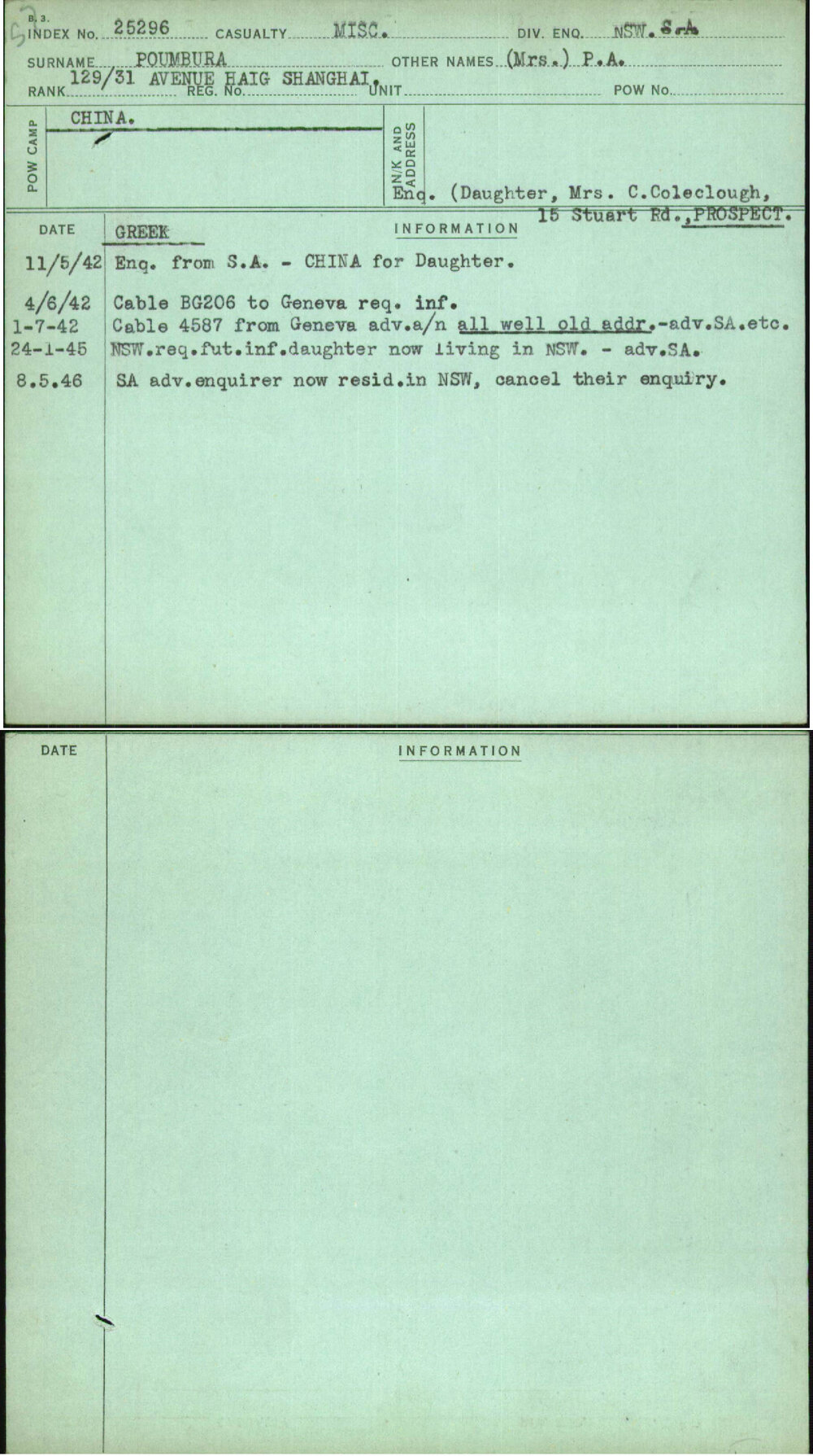 Poumbura, (Mrs) P A, [No Service Number]