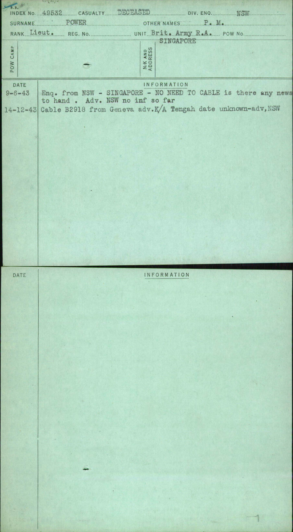 Power, P M, [No Service Number]