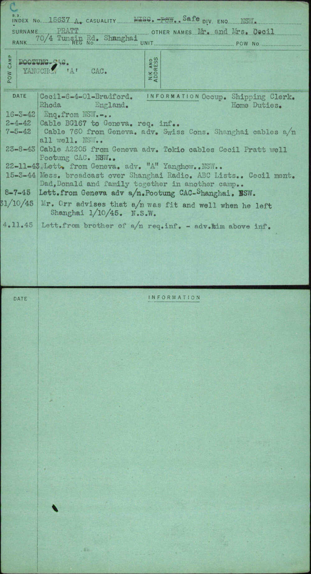 Pratt, Mr And Mrs Cecil, [No Service Number]