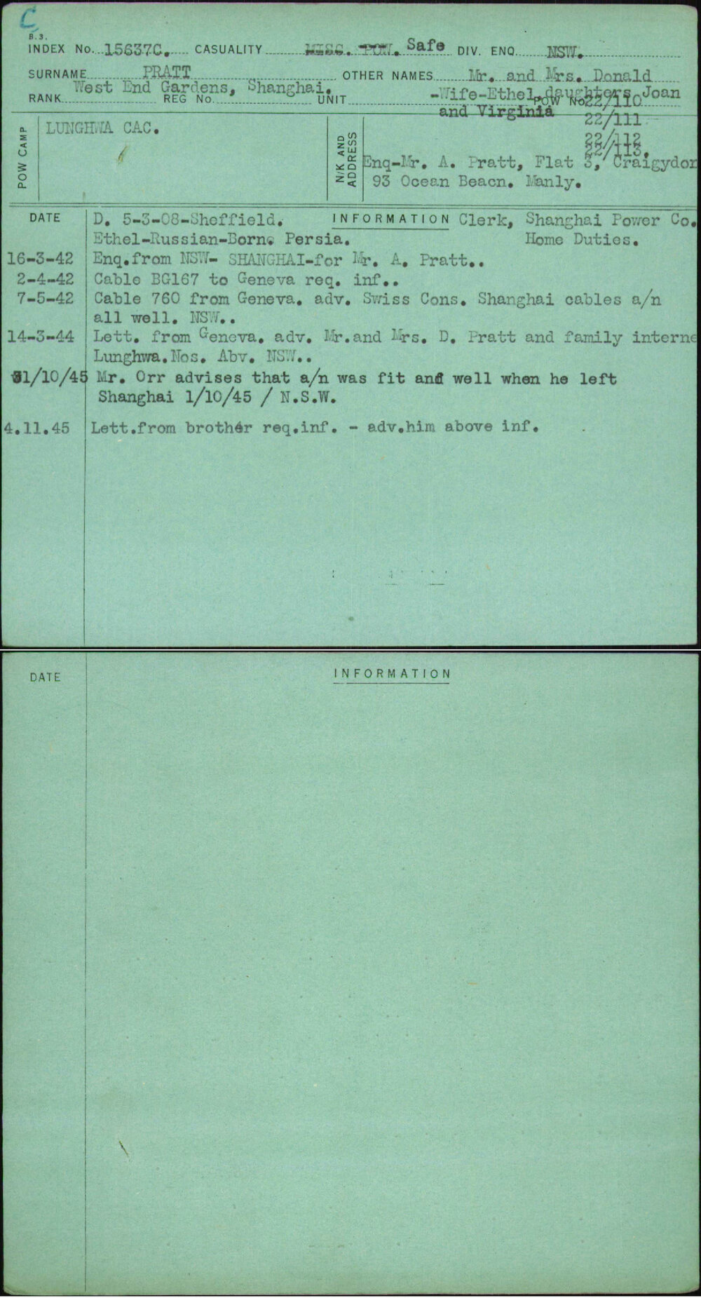 Pratt, Mr And Mrs Donald Daughters Joan, [No Service Number]