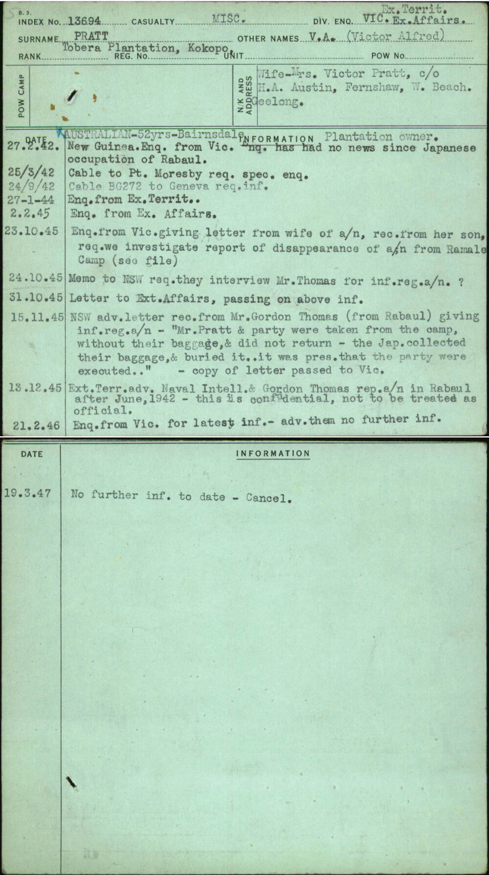 Pratt, V A (Victor Alfred), [No Service Number]