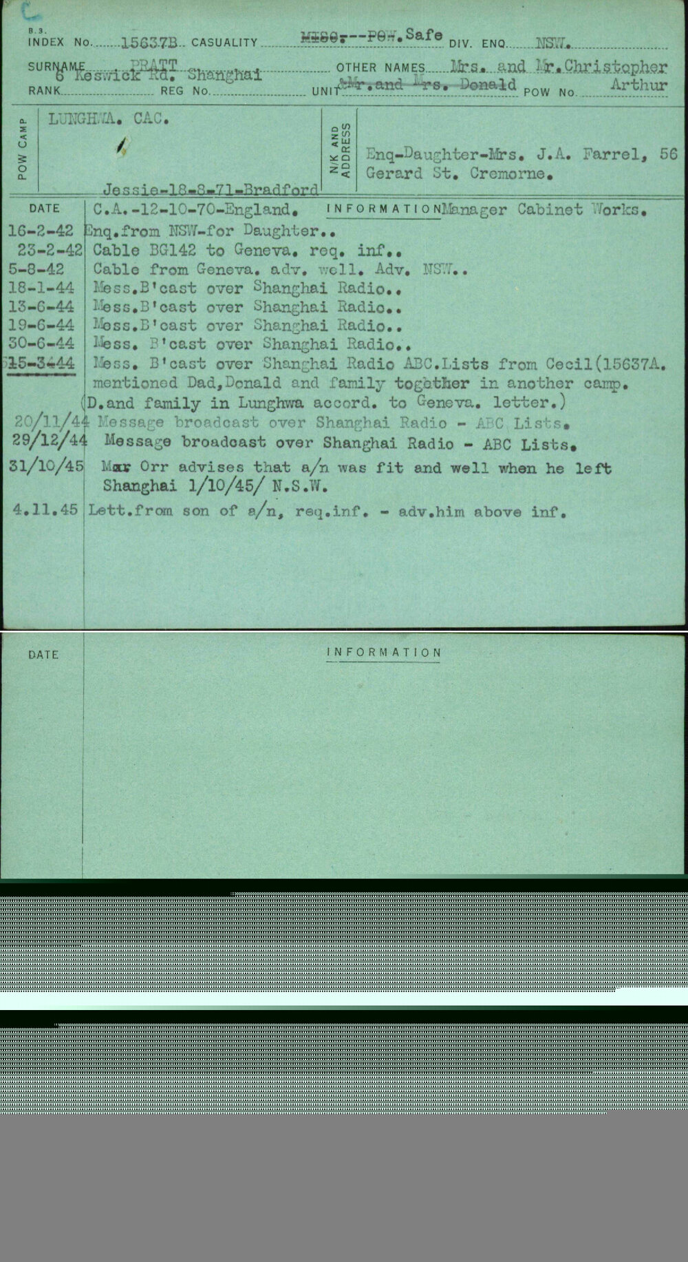 Pratt, Mrs And Mr Christopher Arthur, [No Service Number]