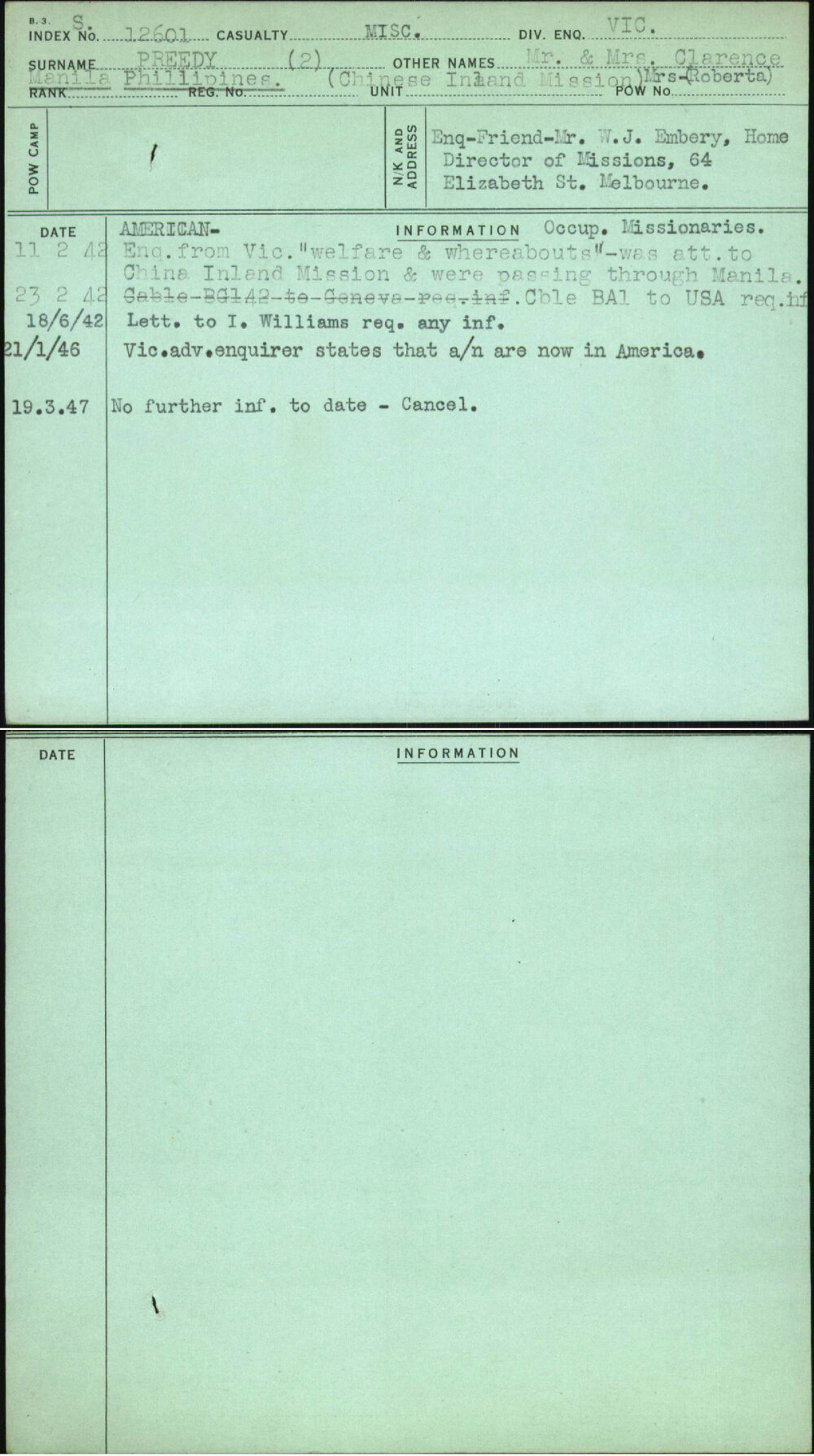 Preedy (2), Mr &amp; Mrs Clarence, [No Service Number]