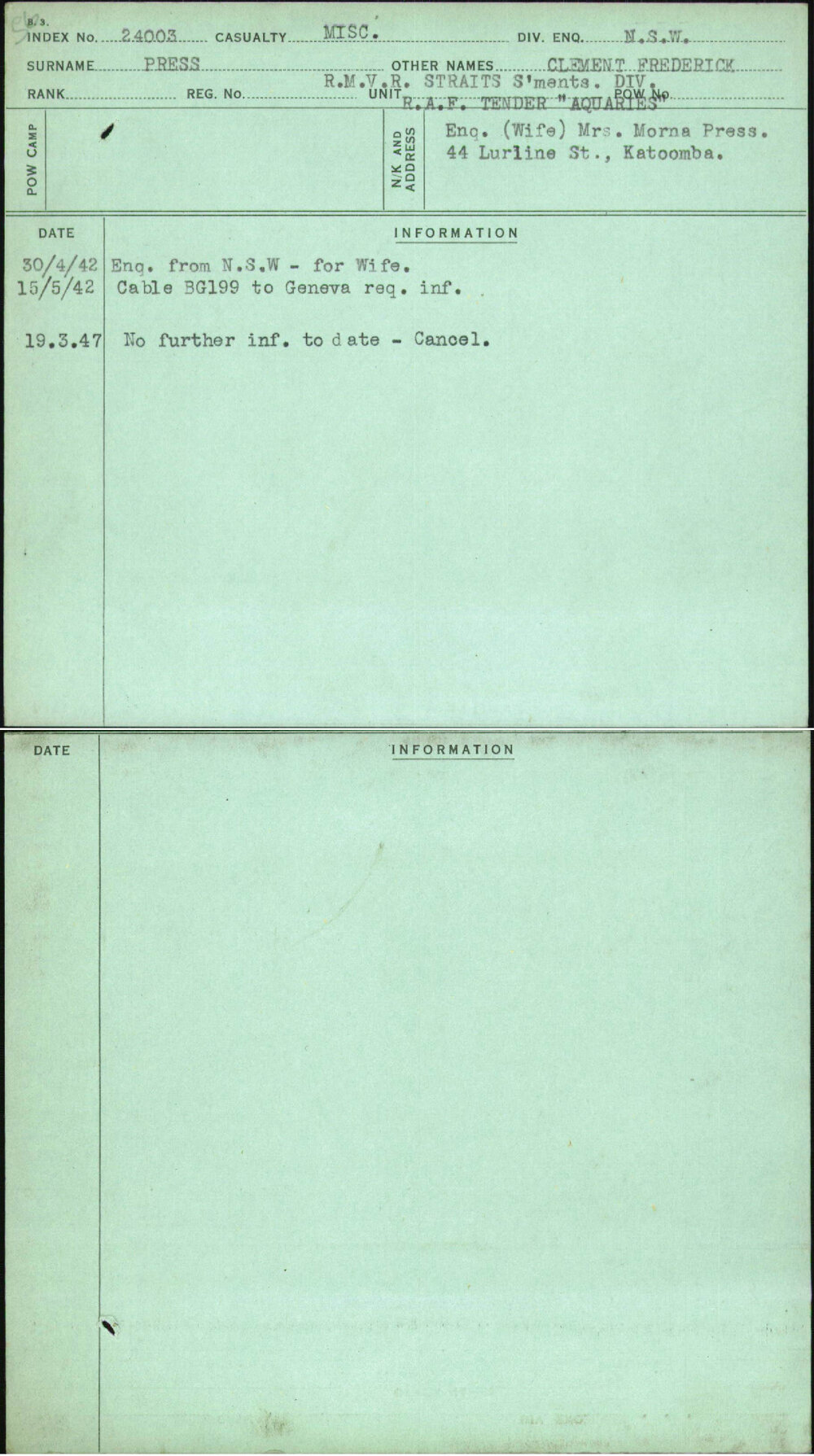 Press, Clement Frederick, [No Service Number]