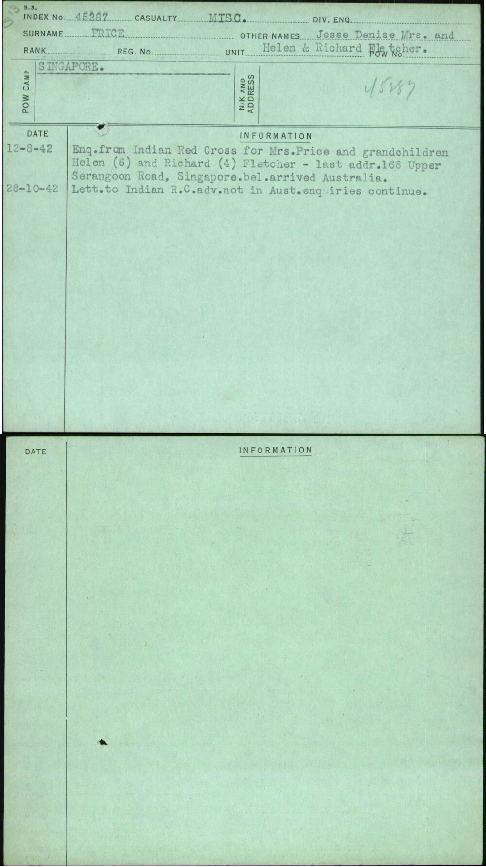 Price, Jesse Denise Mrs And Helen &amp; Richard Fletcher, [No Service Number]