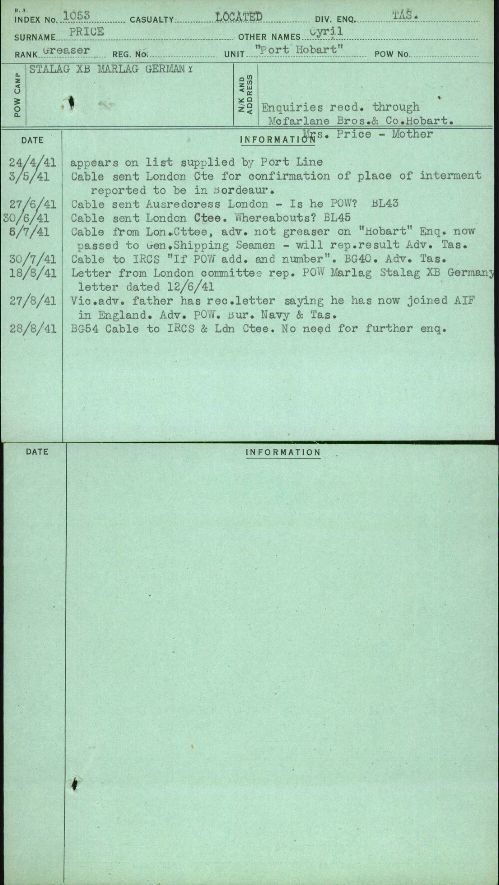 Price, Cyril, [No Service Number]