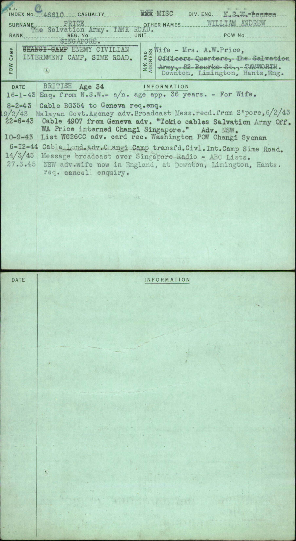 Price, William Andrew, [No Service Number]