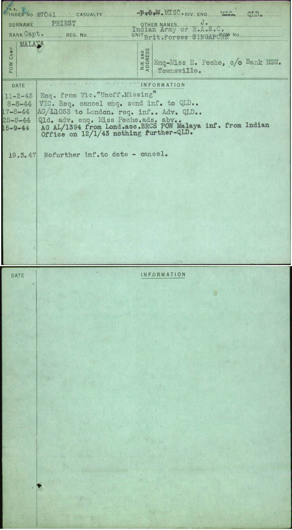 Priest, J, [No Service Number]