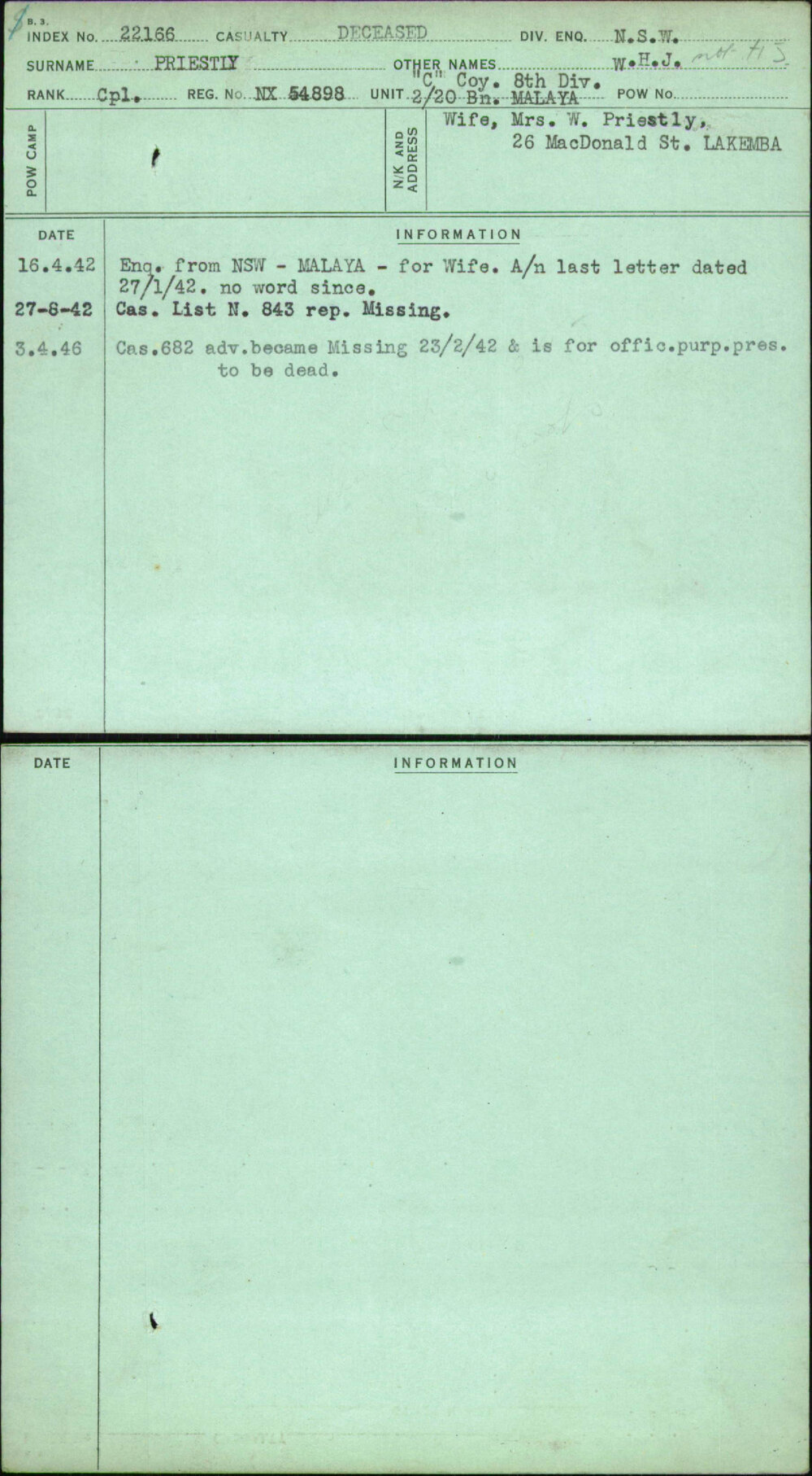 Priestly, W H J, NX54898