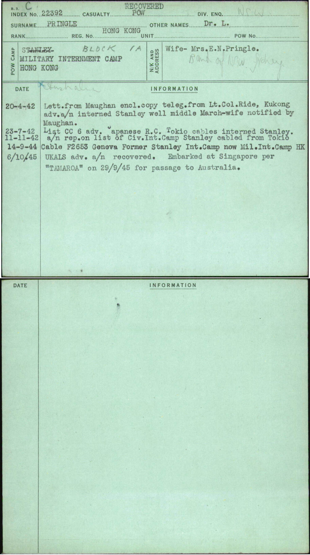 Pringle, Dr L, Hong Kong
