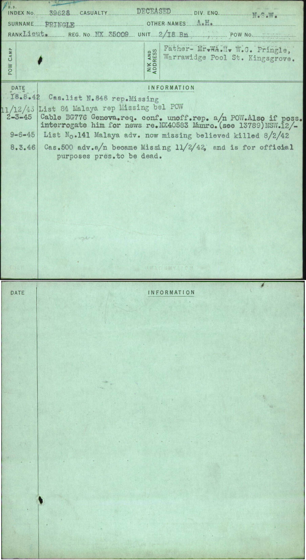 Pringle, A H, NX35009