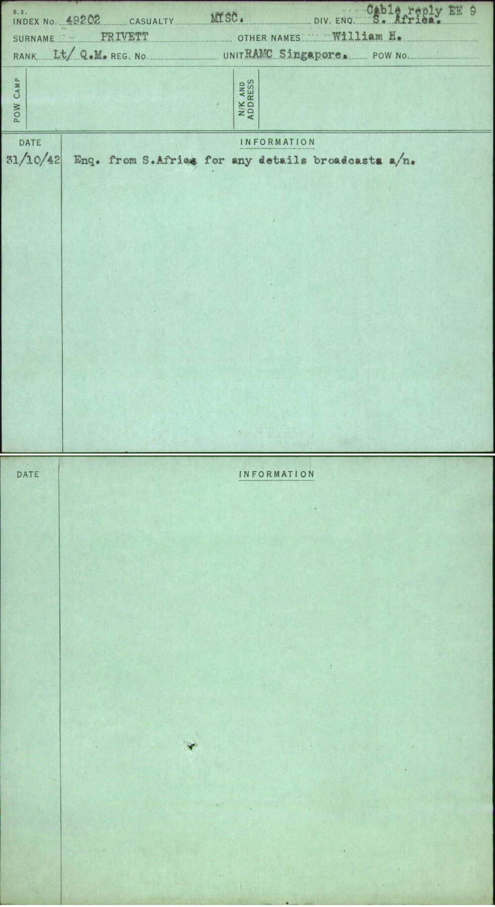 Privett, William H, [No Service Number]