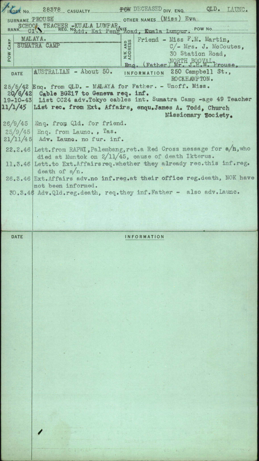 Prouse, (Miss) Eva, [No Service Number]