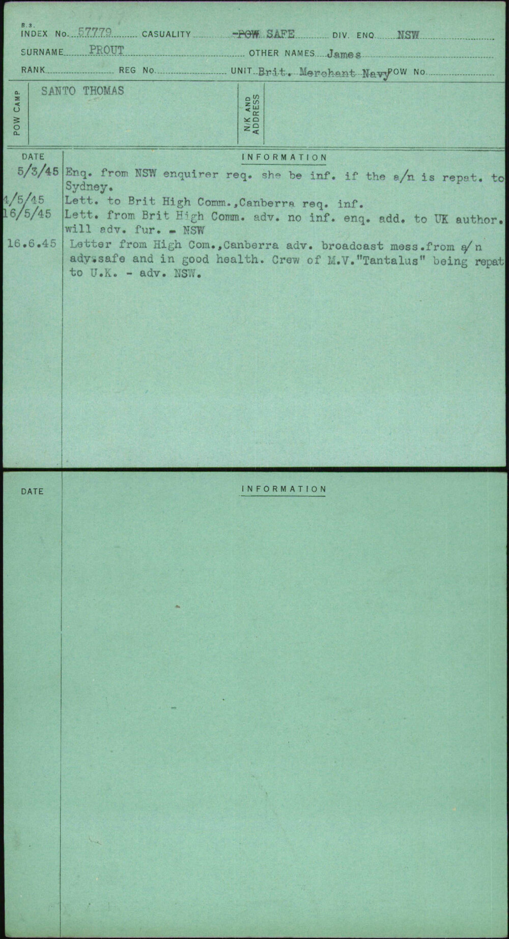 Prout, James, [No Service Number]