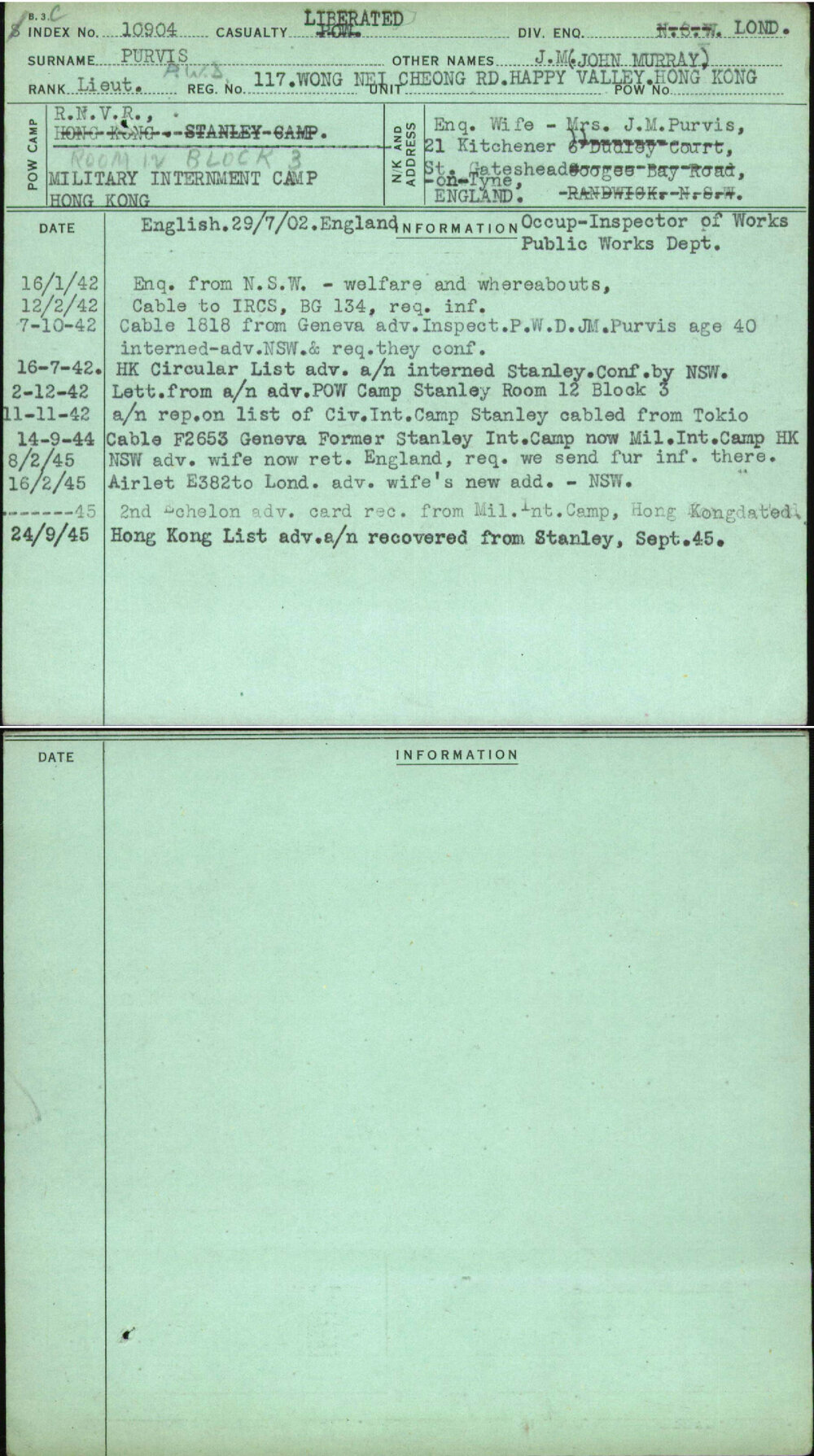 Purvis, J M (John Murray), [No Service Number]