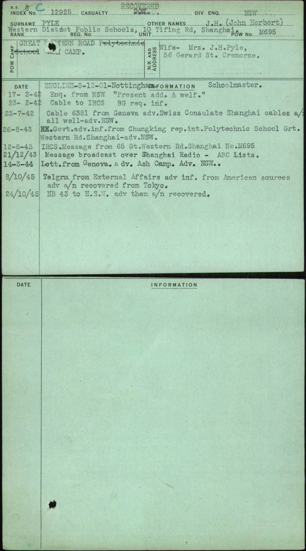 Pyle, J H (John Herbert), [No Service Number]