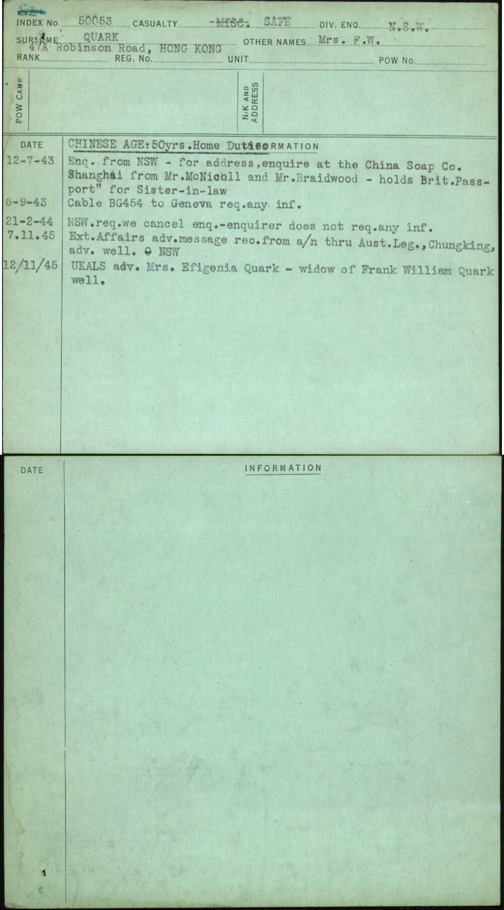 Quark, Mrs F W, [No Service Number]