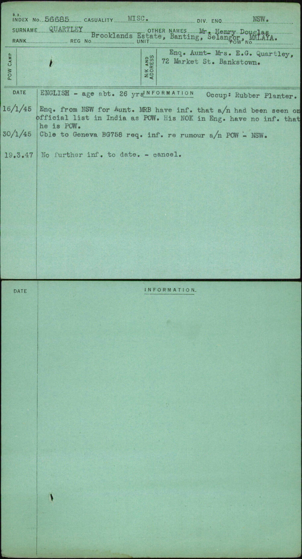 Quartley, Mr Henry Douglas, [No Service Number]