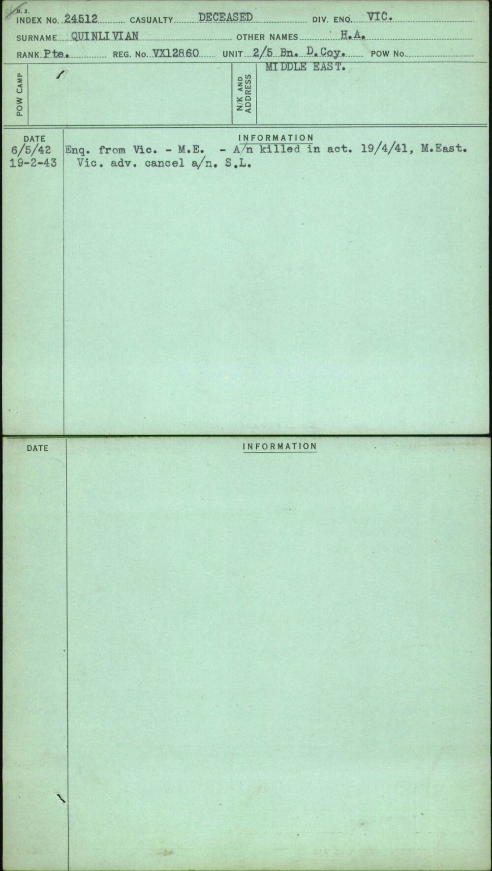 Quinlivian, H A, VX12860