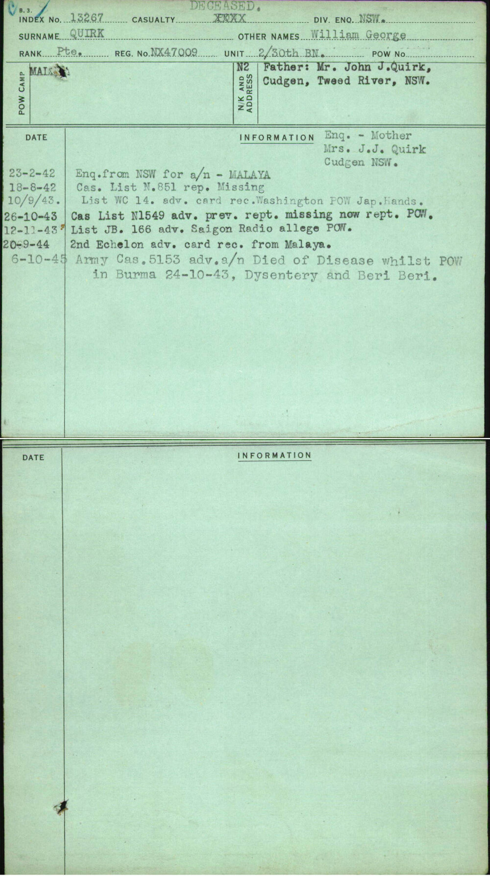 Quirk, William George, NX47009