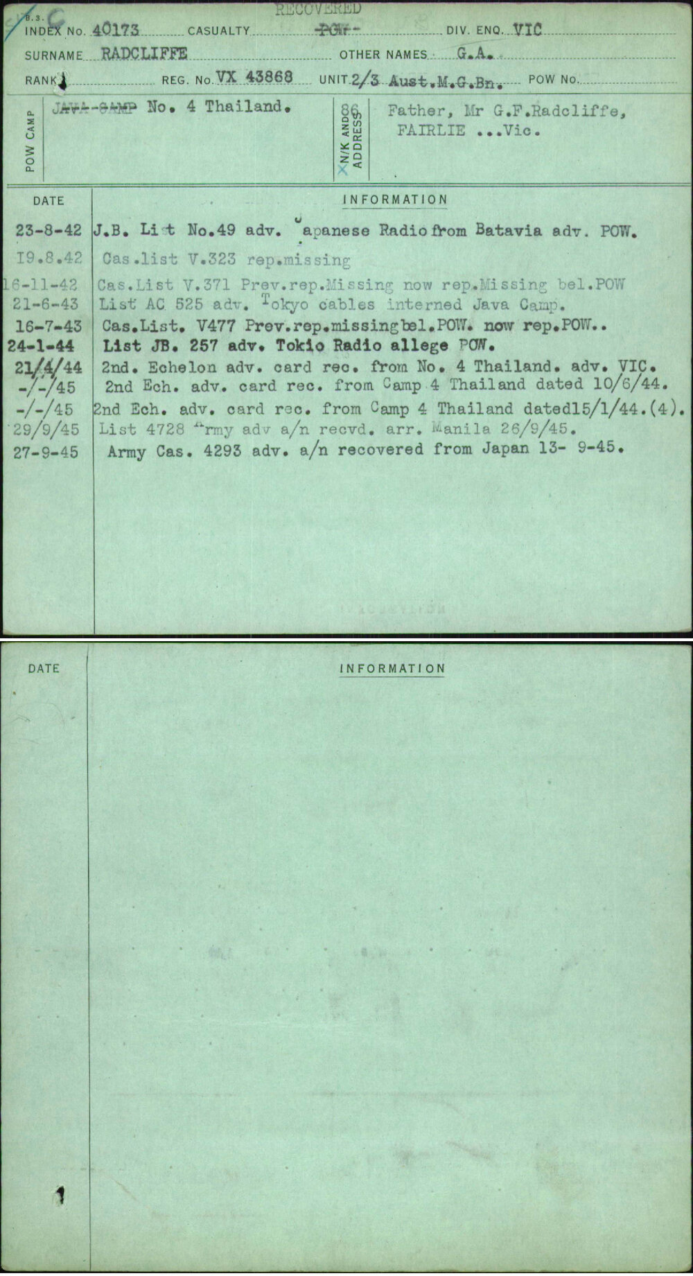 Radcliffe, G A, VX43868