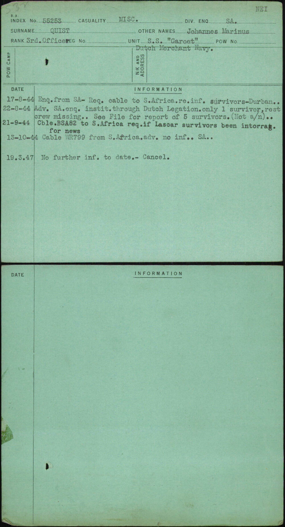 Quist, Johannes Marinus, [No Service Number]