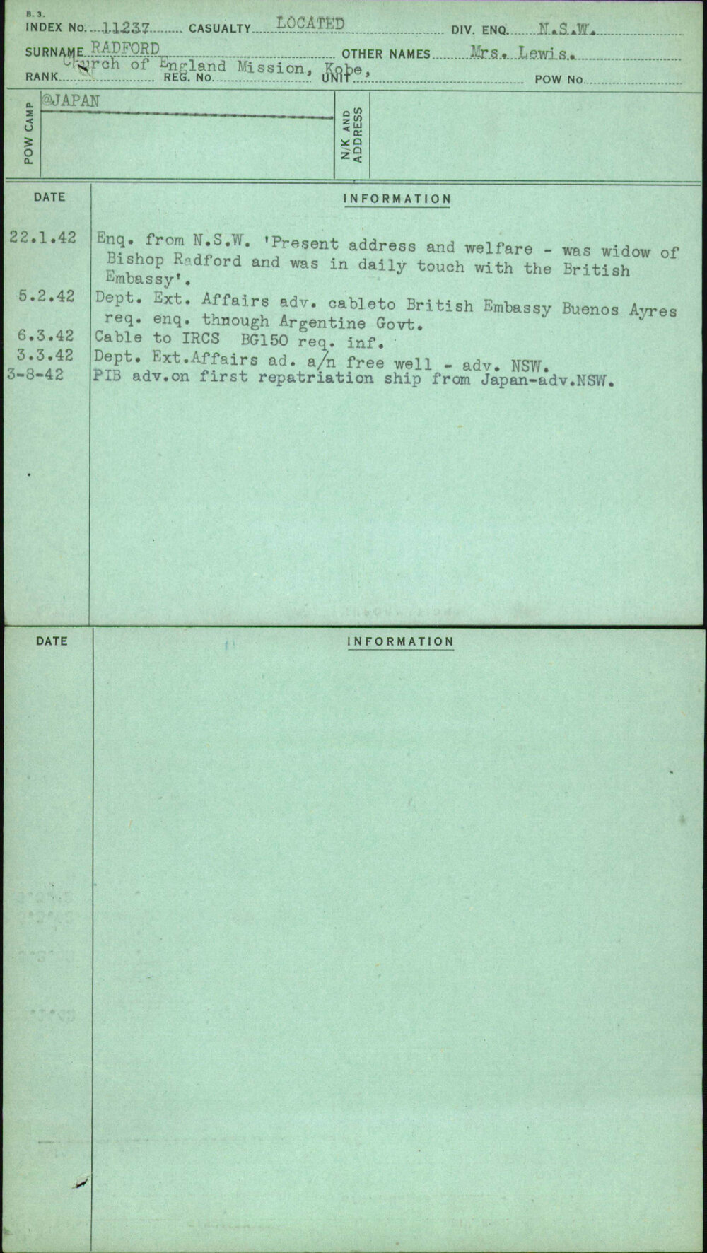 Radford, Mrs Lewis, [No Service Number]