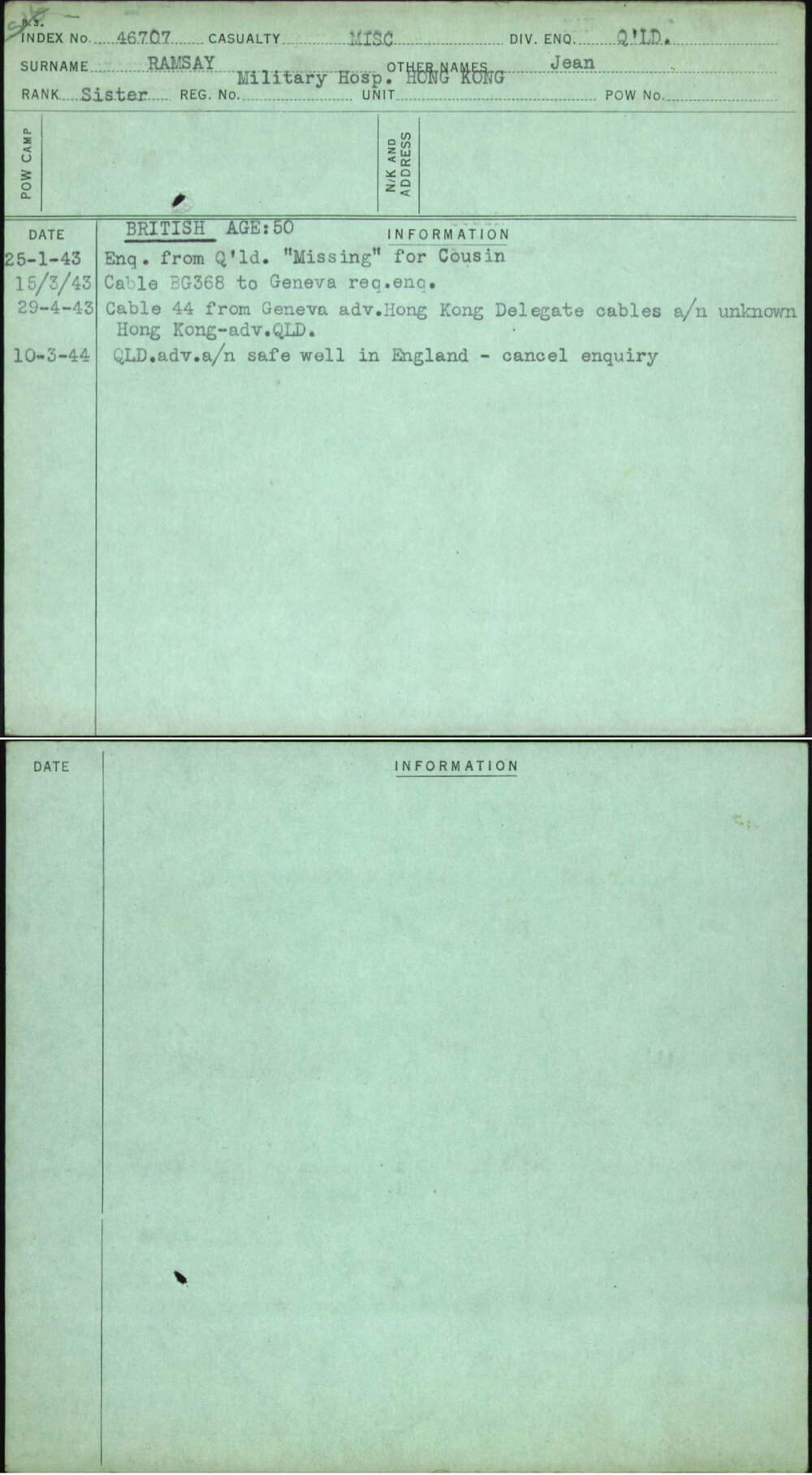 Ramsay, Jean, Military Hosp Hong Kong