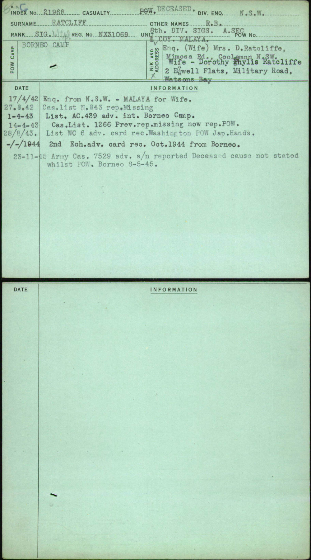 Ratcliff, R B, NX31069