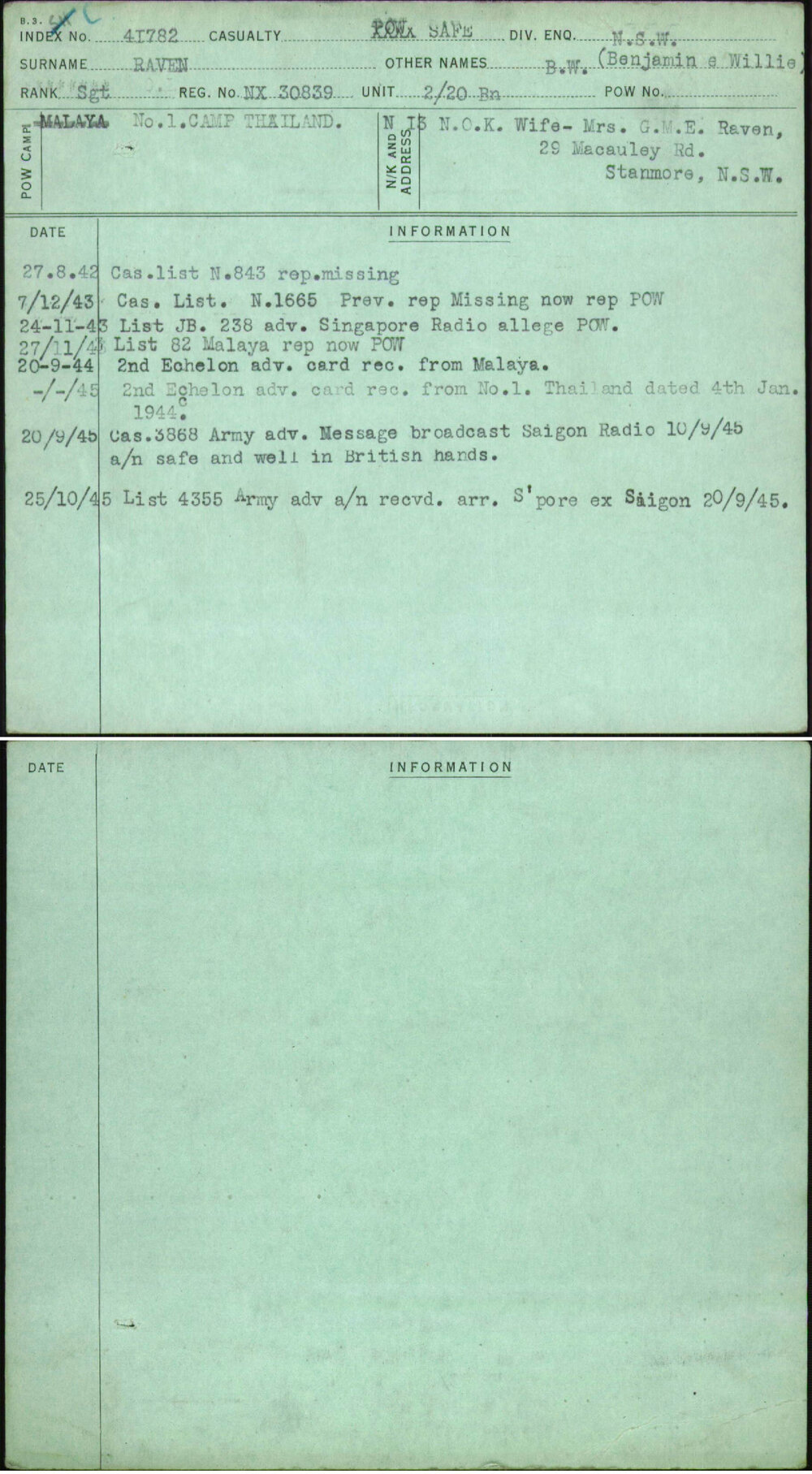 Raven, B W (Benjamin E Willie), NX30839