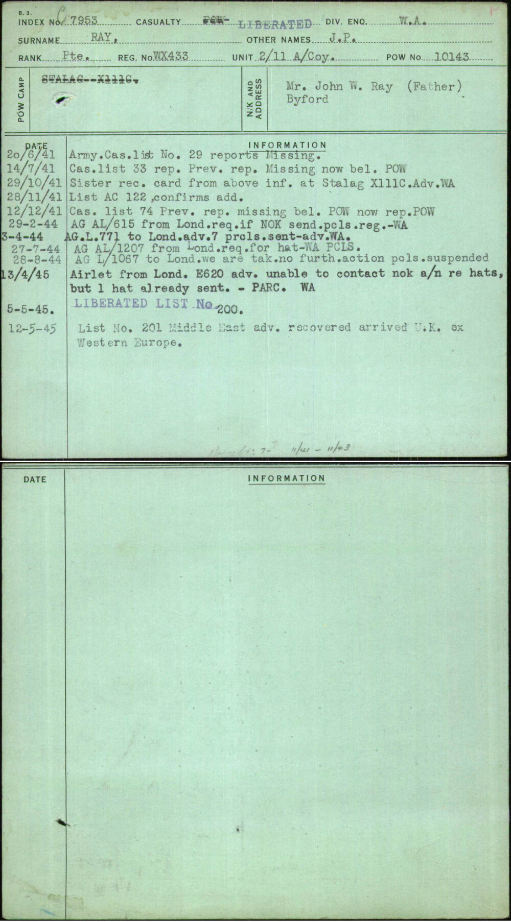 Ray, J P, WX433
