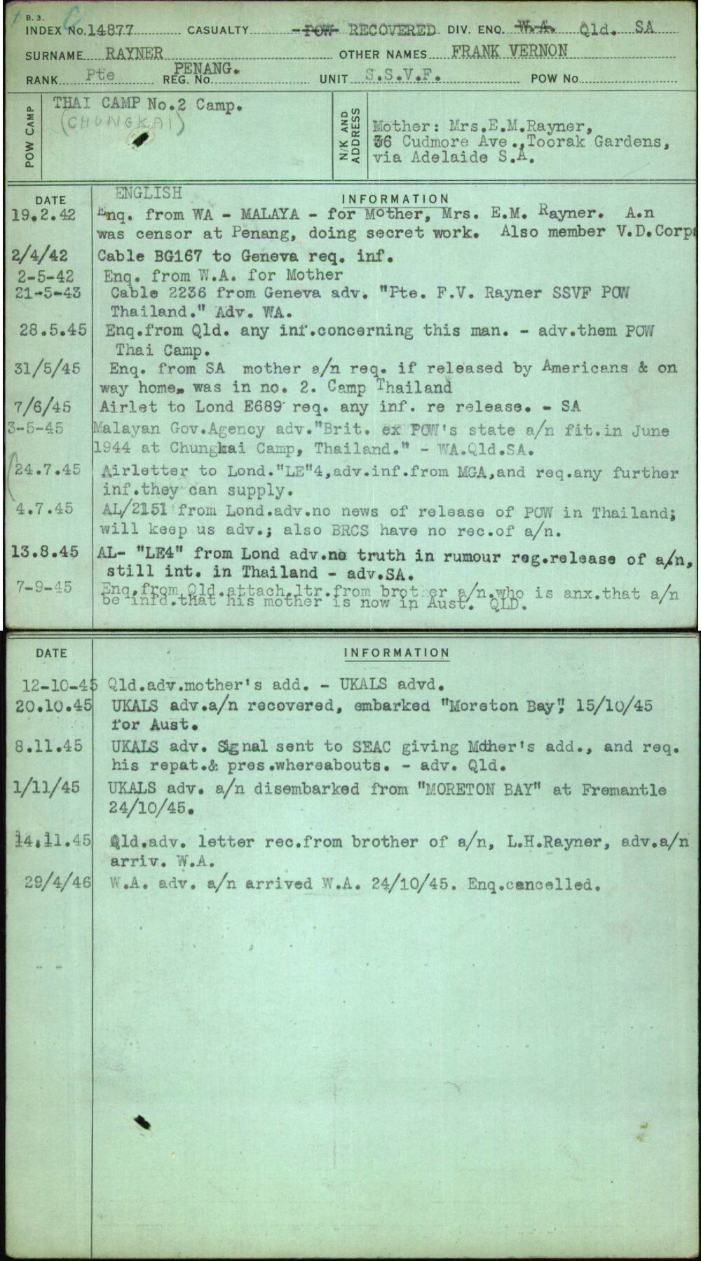 Rayner, Frank Vernon, Penang