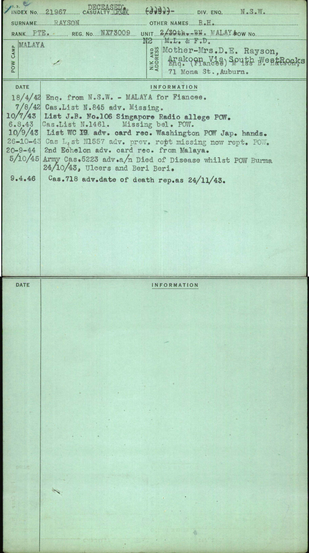 Rayson, B H, NX73009