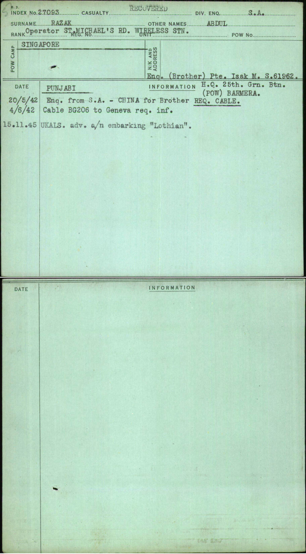 Razak, Abdul, [No Service Number]