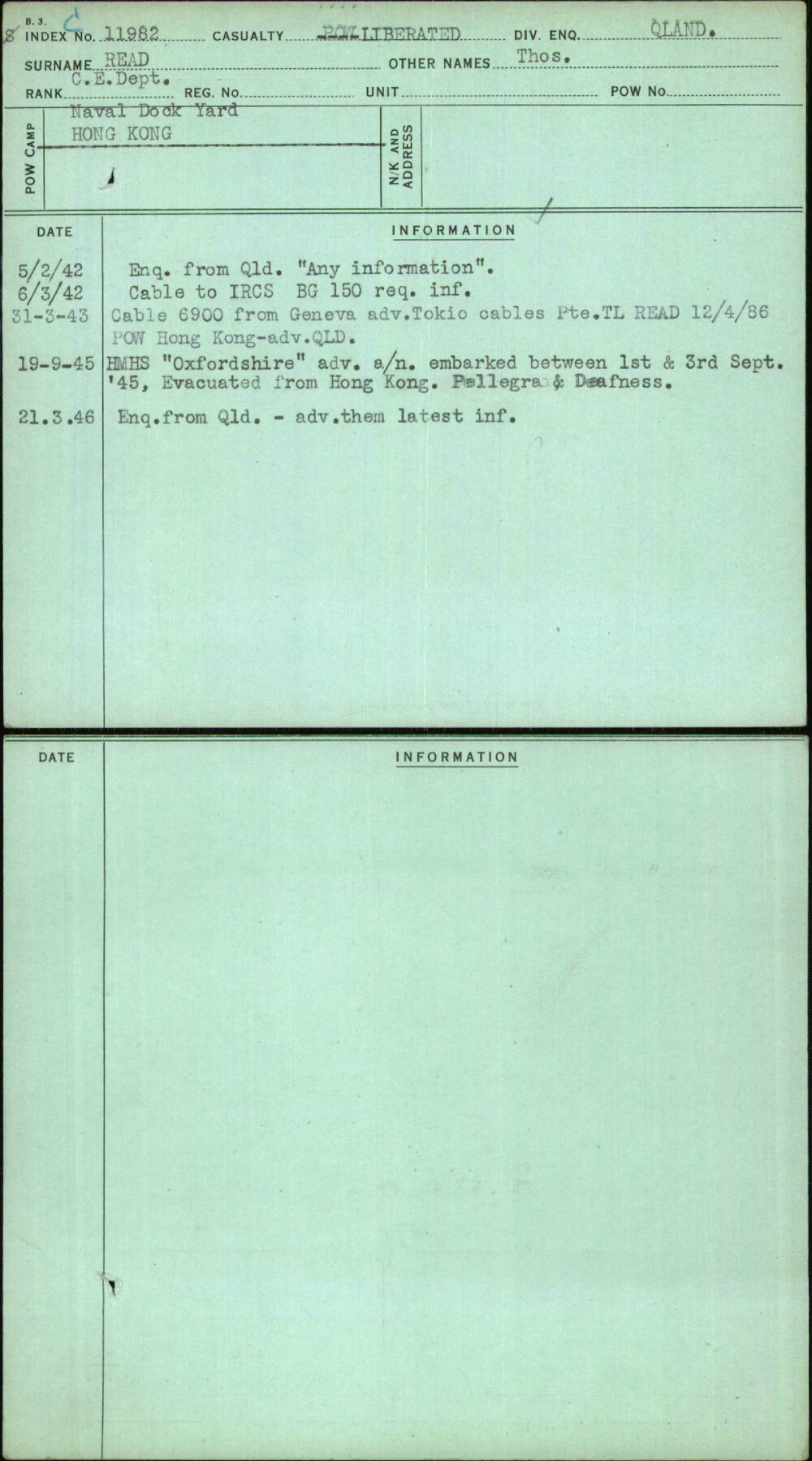 Read, Thos, [No Service Number]