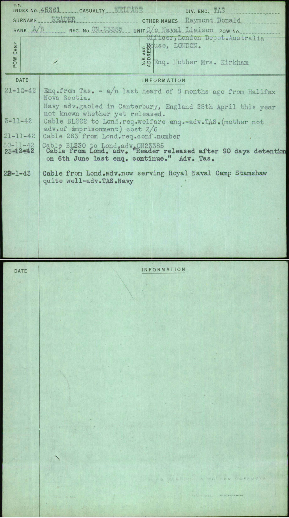 Reader, Raymond Donald, On23385