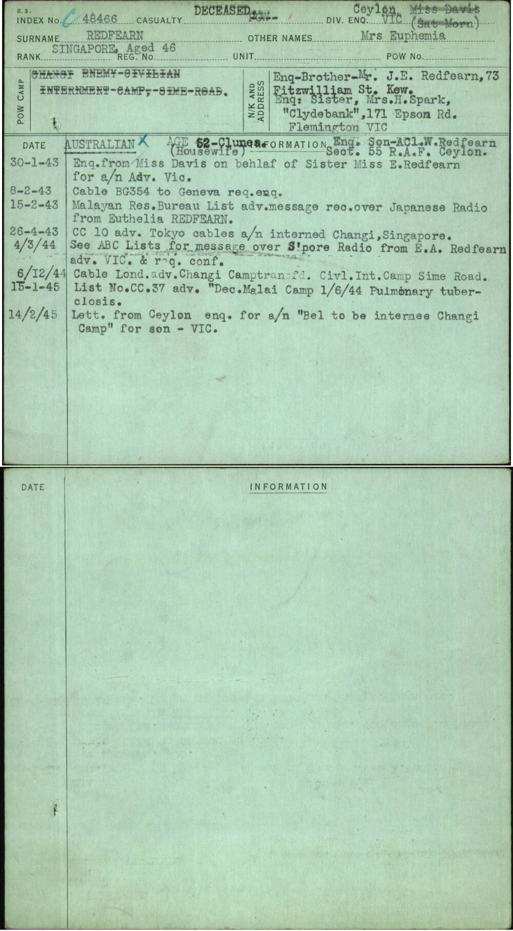 Redfearn, Mrs Euphemia, [No Service Number]